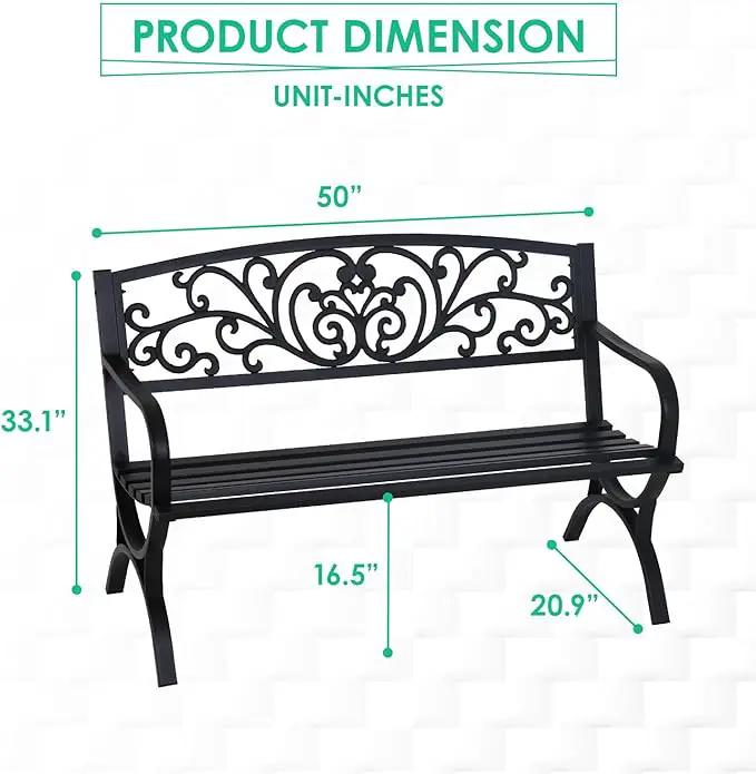FDW Outdoor 50 Inches Garden Bench, Slatted Seat Armrests Floral Design Backres and Arch Legs, Perfect for Park, Yard, Porch, Lawn, Balcony, Backyard, Black by GreenHaven Gardens