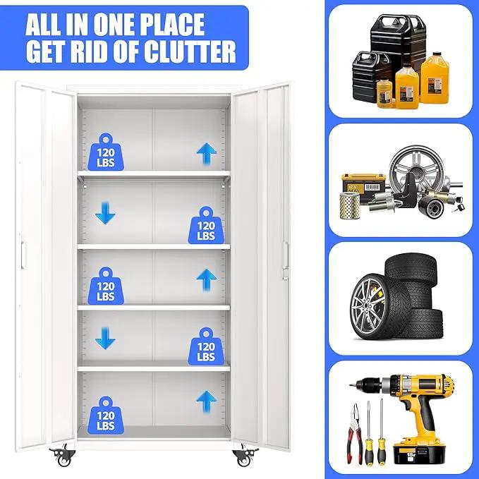 73" H Metal Garage Storage Cabinet with Wheels,Rolling Tool Storage Cabinet with 2 Doors and 4 Adjustable Shelves for Garage,Home,Office,Warehouse,Workshop, Required-Assembly,White by GreenHaven Gardens