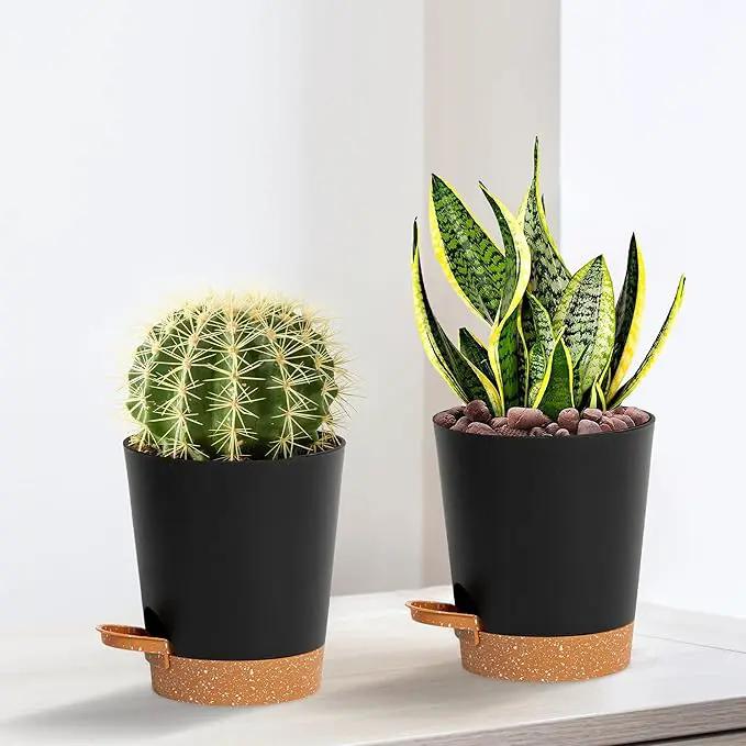 4 inch Small Plant Pots for Outdoor Indoor Plants, 5 Pack Planters with Drainage Holes and Tray, Small Self Watering Pots for Succulent,Cactus, Aloe and Other Plants (Black) by GreenHaven Gardens
