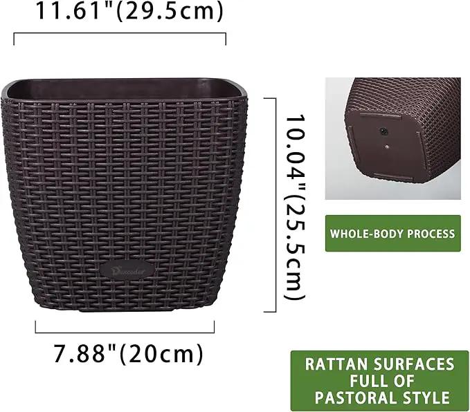 Dexceder 11x10 Self Watering Planter Indoor Outdoor, Inner Mat Design, Thickened Table Flower Plant Pot with Water Level Indicator (Brown Rattan) by GreenHaven Gardens