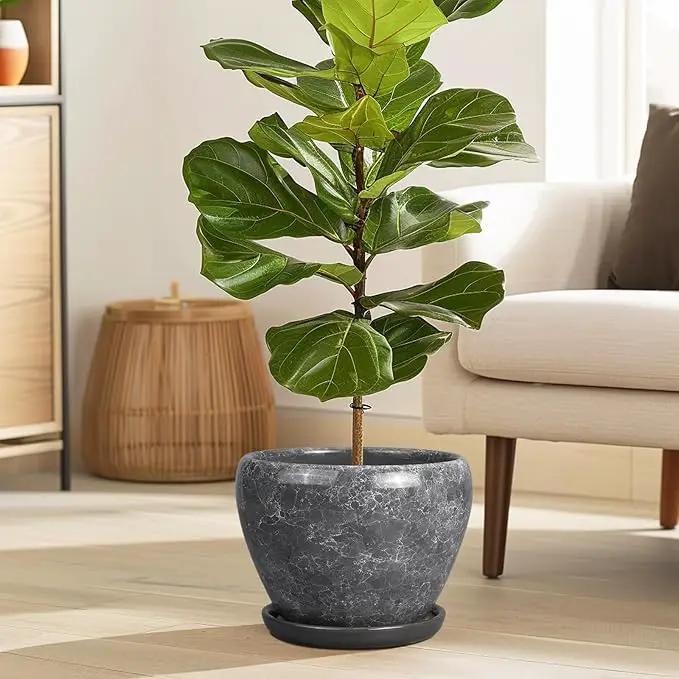 8 Inch Plant Pot - Ceramic Planter Pot with Drainage Hole and Saucer, Glaze Garden Pot Modern Flower Pot for Indoor Plants, Gray by GreenHaven Gardens