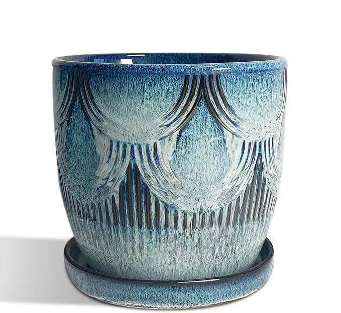 Plant Pots Indoor, Ceramic Planter, 6in Plant Pot, Plant Pots with Drainage Holes and Saucers, Flower Pots for Indoor Plants, Reactive Glaze Blue by GreenHaven Gardens