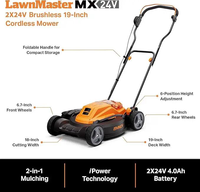 LawnMaster CLMF4819X 19-inch Brushless Cordless Mower with 2X24V MAX* 4.0Ah Battery and a Dual Charger 6 Cutting Position by GreenHaven Gardens