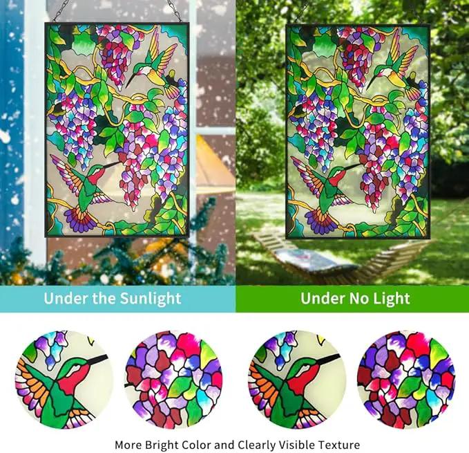 VEWOGARDEN Hummingbird Stained Glass Window Hangings 10" W x 15" H Bird Suncatcher Panel with Chain Windows Hanging Decor Ornament Gift by GreenHaven Gardens