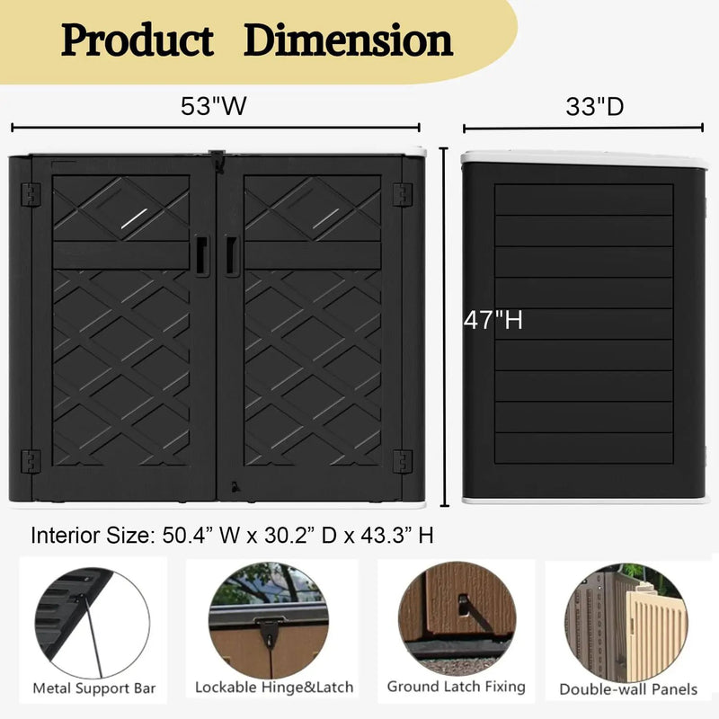 ZZM Large Outdoor Storage Shed, 48 Cu Ft Resin Versatile Storage Cabinet for Patio Accessories, Trash Cans & Garden Tools, Durable Horizontal Storage Box with Lockable Lid (Black) by GreenHaven Gardens