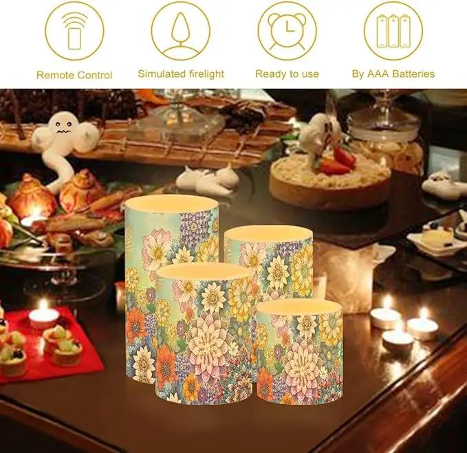 Flameless LED Candles Electric Candles with Remote Timer Control Long Lasting Pillar Candles Tealights Bohemian Style Home Outdoor Decoration Pack of 4, Boho Flower Purple Blue by GreenHaven Gardens