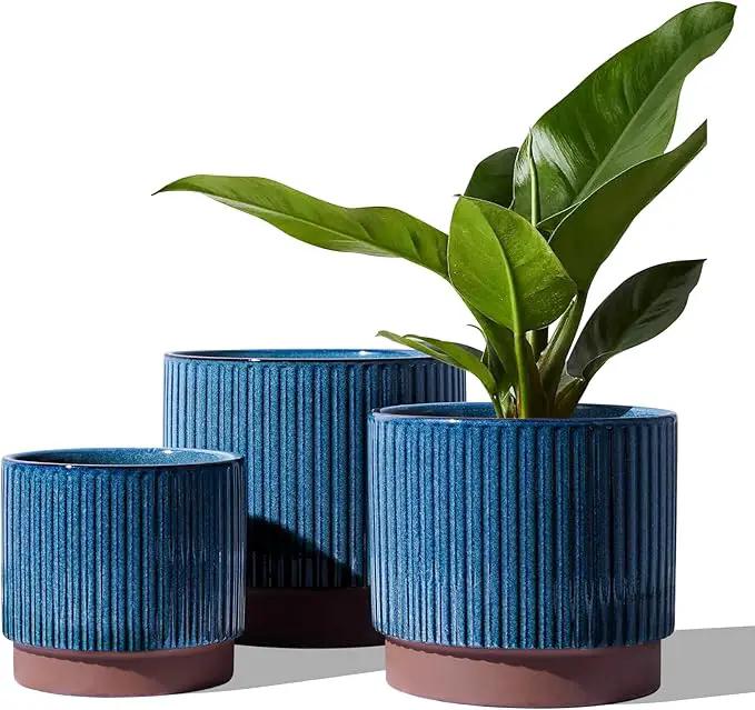 LE TAUCI Ceramic Plant Pots with Drainage Holes, Set of 3, 8+6.7+5.5 Inch Stripe Garden Planter Pots for Outdoor Indoor Plants Flower, Round Succulent Orchid Flower Pot Small to Large Size, Blue by GreenHaven Gardens