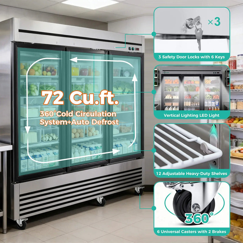 72 Cu.Ft Triple-Door Stainless Steel Commercial Reach-In Display Refrigerator (SAK26394) by SAKSBY WHOLESALE