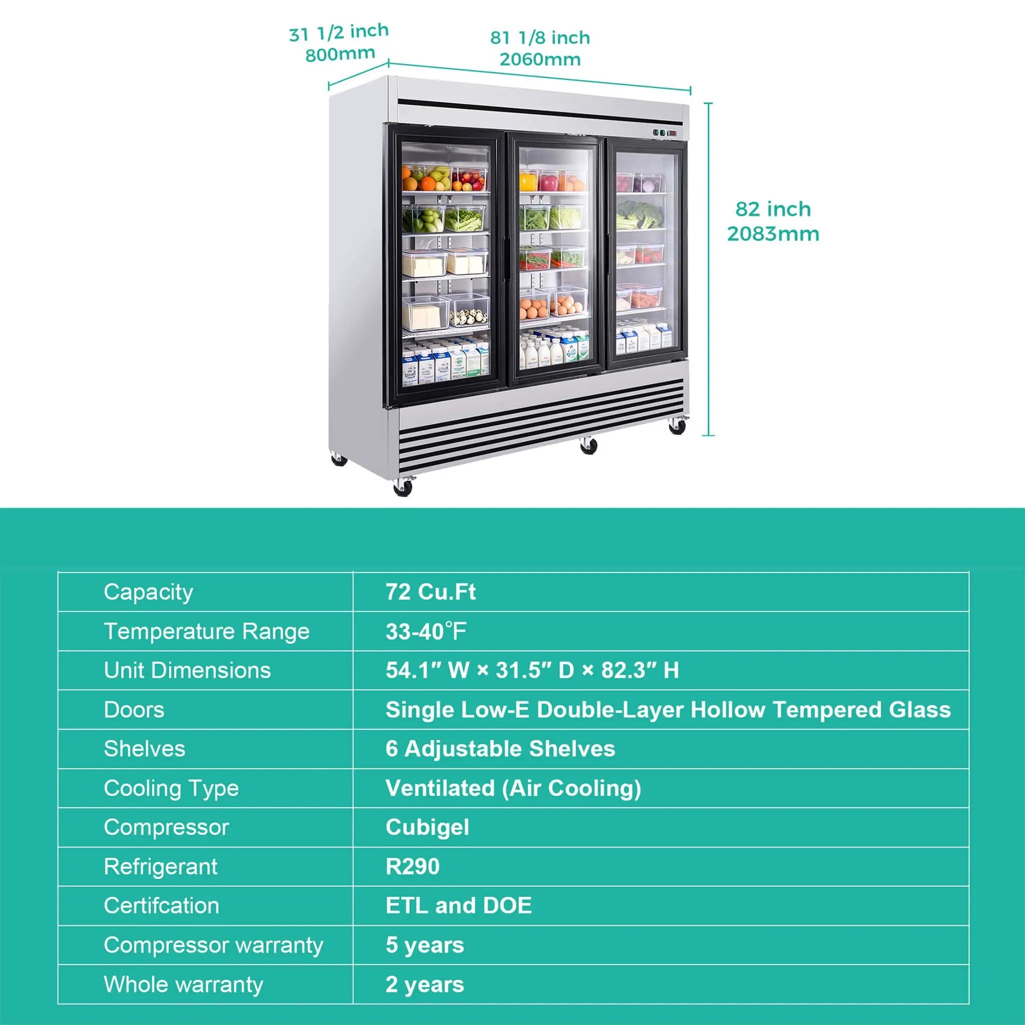 72 Cu.Ft Triple-Door Stainless Steel Commercial Reach-In Display Refrigerator (SAK26394) by SAKSBY WHOLESALE