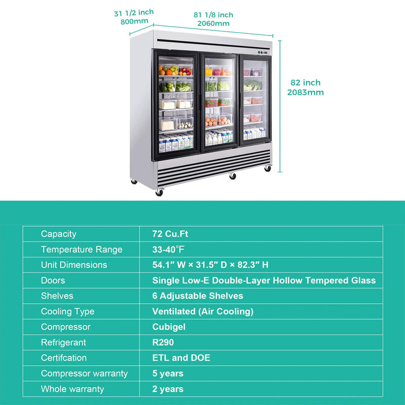 72 Cu.Ft Triple-Door Stainless Steel Commercial Reach-In Display Refrigerator (SAK26394) by SAKSBY WHOLESALE