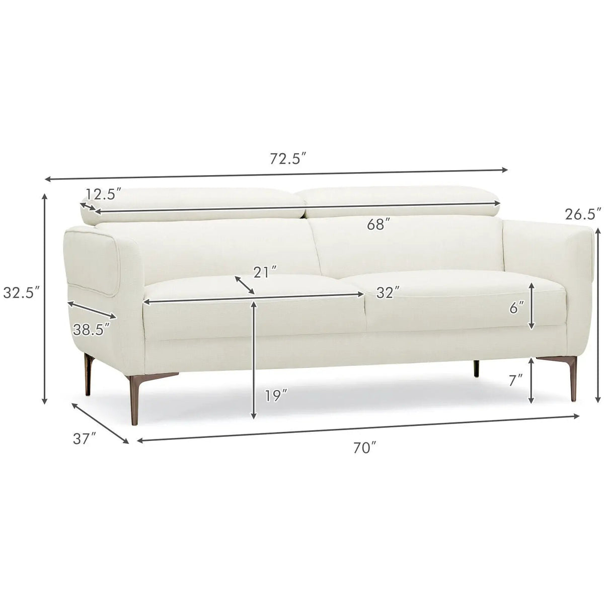 72.5 Inch Modern Fabric Loveseat Sofa Couch with Adjustable Headrest, dimensions drawing 2