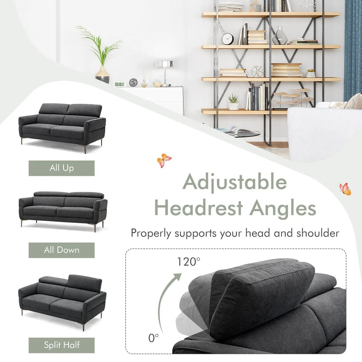 72.5 Inch Modern Fabric Loveseat Sofa Couch with Adjustable Headrest, photo 15 of 16