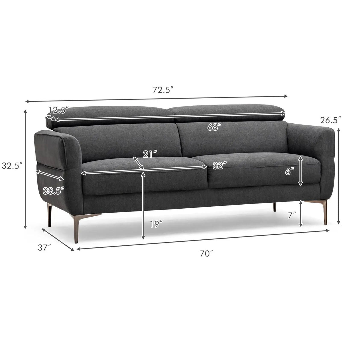 72.5 Inch Modern Fabric Loveseat Sofa Couch with Adjustable Headrest, dimensions drawing