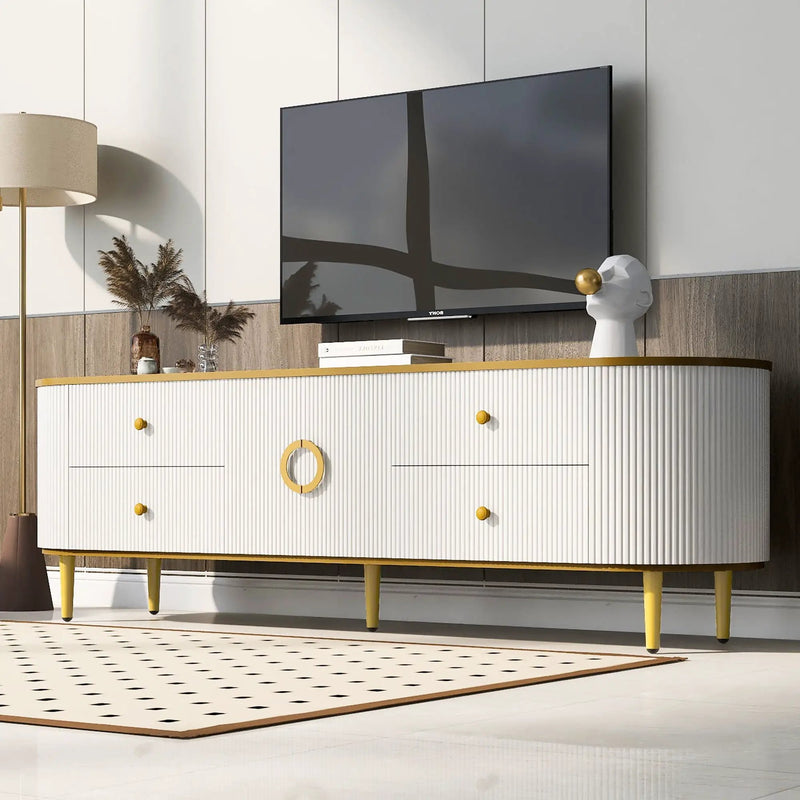 Modern TV Stand For TVs Up To 80", Entertainment Center With 4 Drawers And 1 Cabinet, Wood TV Console Table With And Handles For Living Room - White by HouseOfZazla
