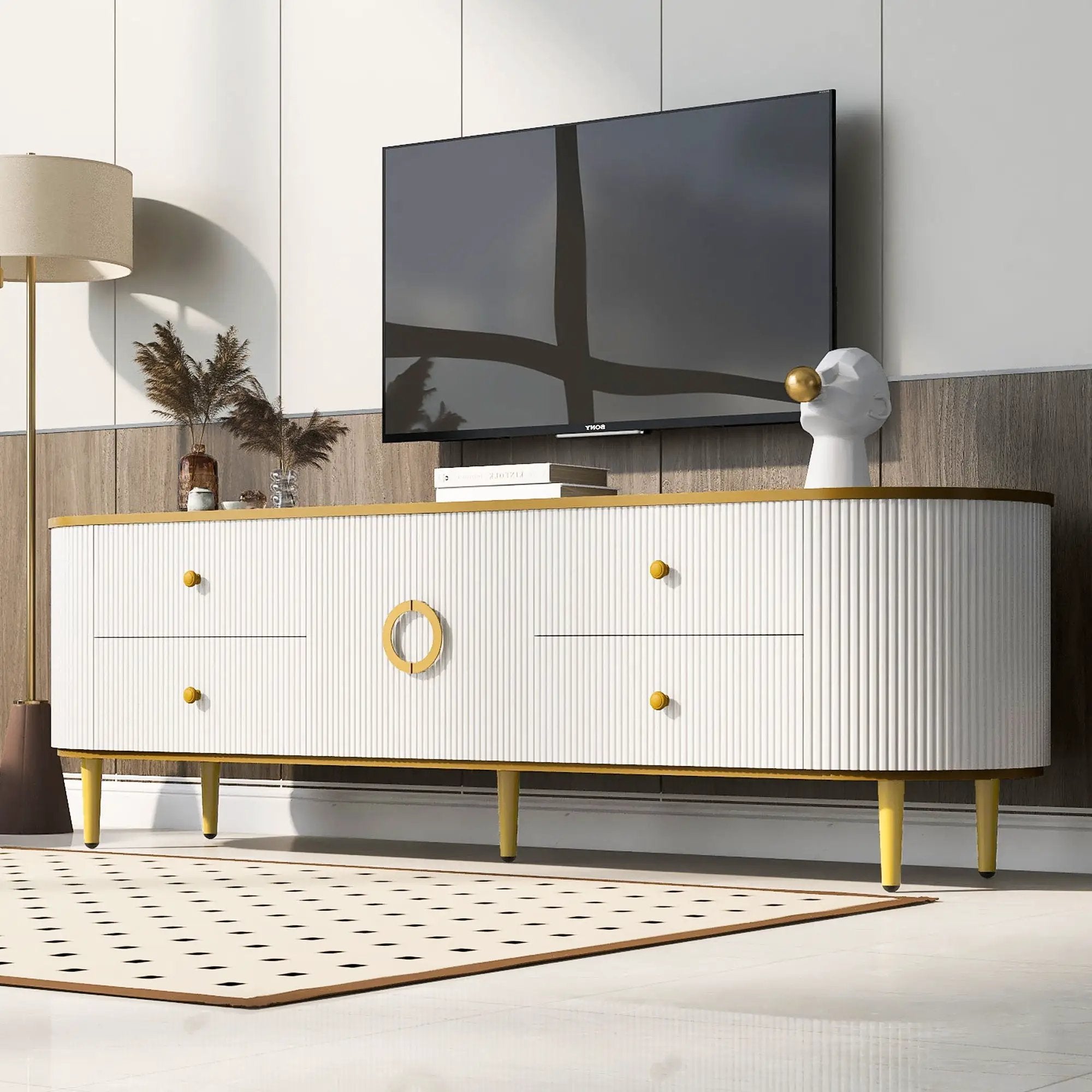 Modern TV Stand For TVs Up To 80", Entertainment Center With 4 Drawers And 1 Cabinet, Wood TV Console Table With And Handles For Living Room - White by Unique Piece Furniture