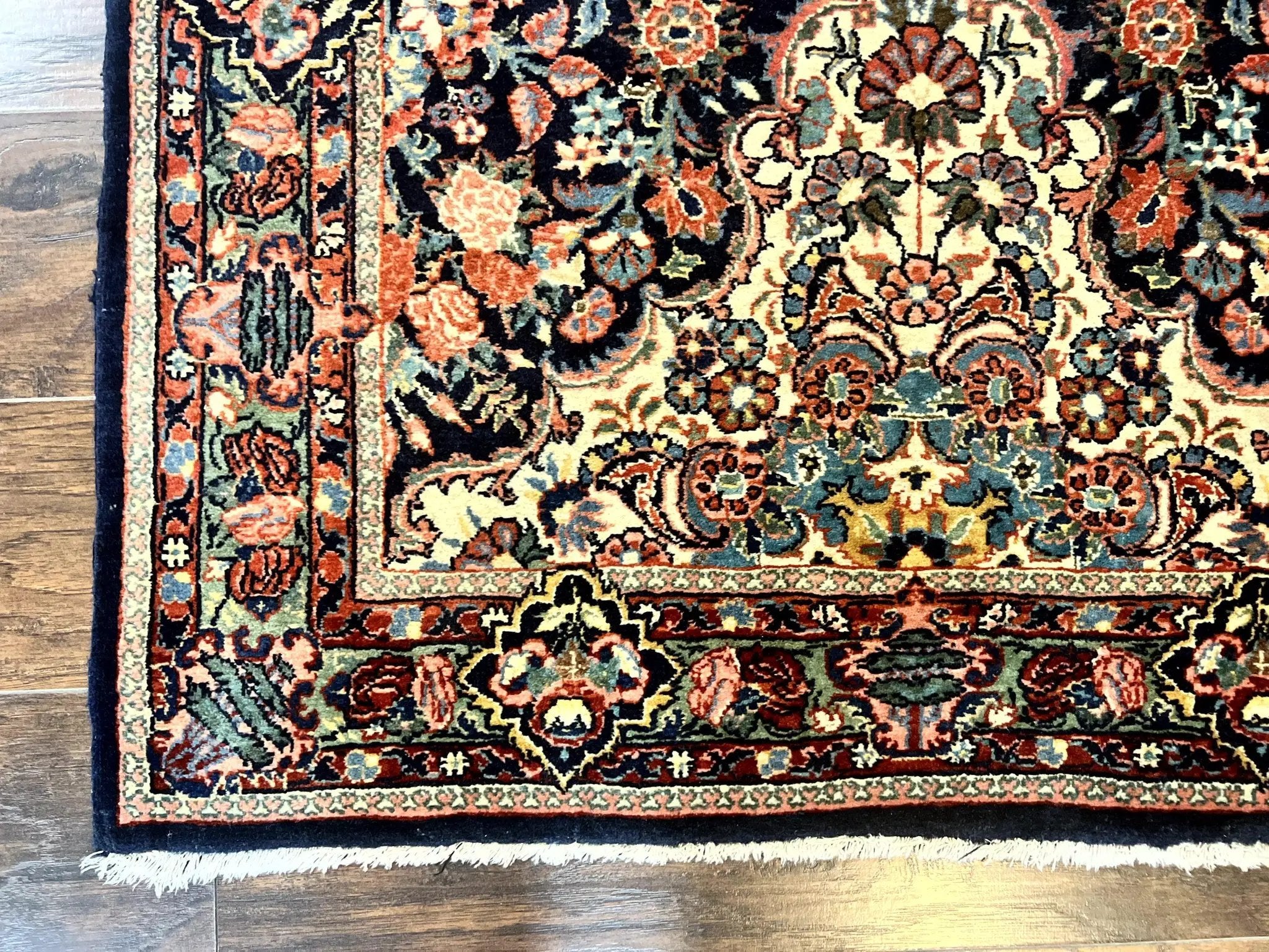 Persian Saoruk Rug 4x5, Navy Blue and Red, Floral, Antique Persian Wool Carpet, Handmade by Jewel Rugs