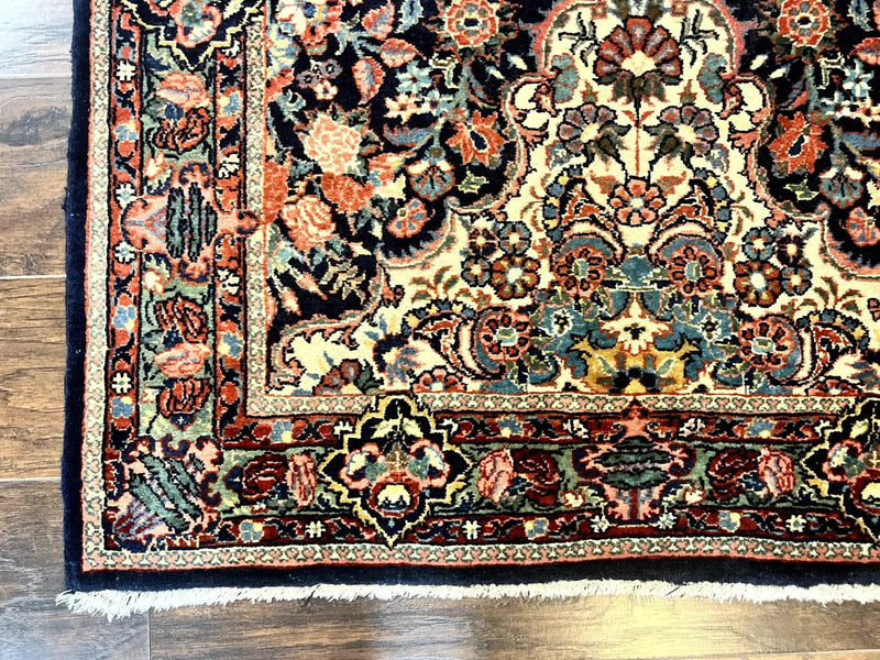 Persian Saoruk Rug 4x5, Navy Blue and Red, Floral, Antique Persian Wool Carpet, Handmade by Jewel Rugs