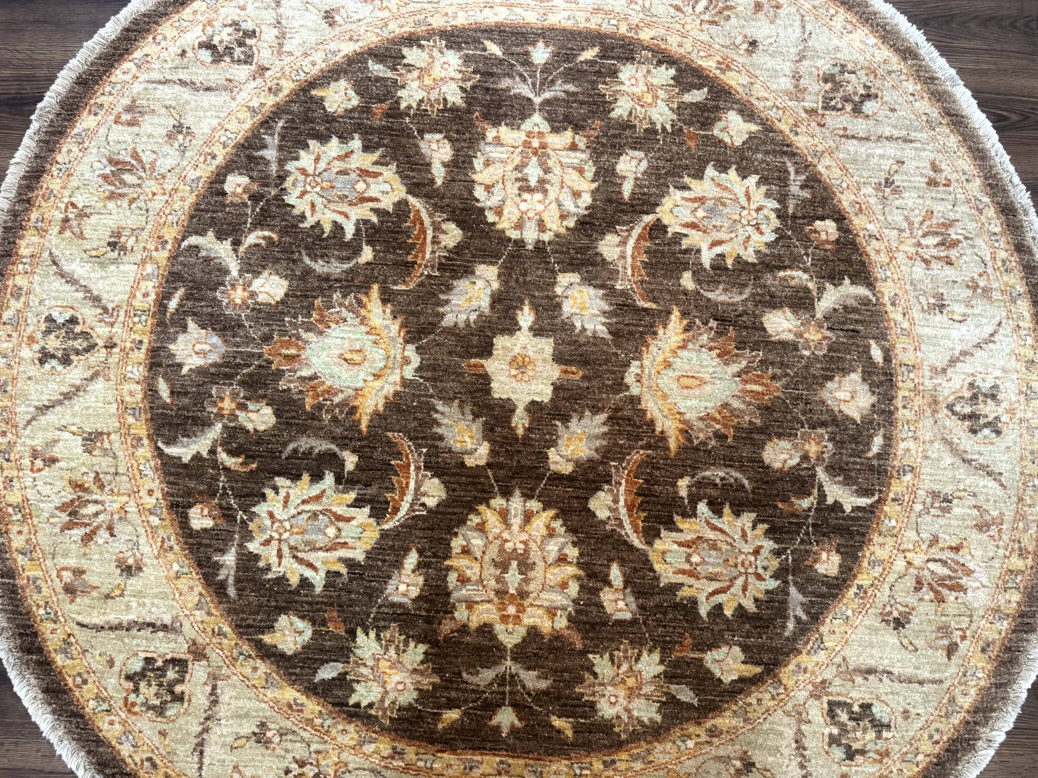 Round Pakistani Rug 6x6, Brown and Beige, Floral, Peshawar Rug, Traditional by Jewel Rugs