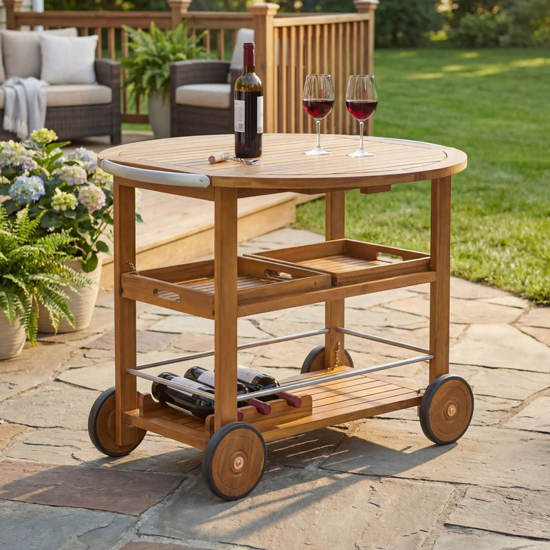 Outdoor Bar Cart With Foldable Tabletop & Removable Trays - Teak by HouseOfZazla