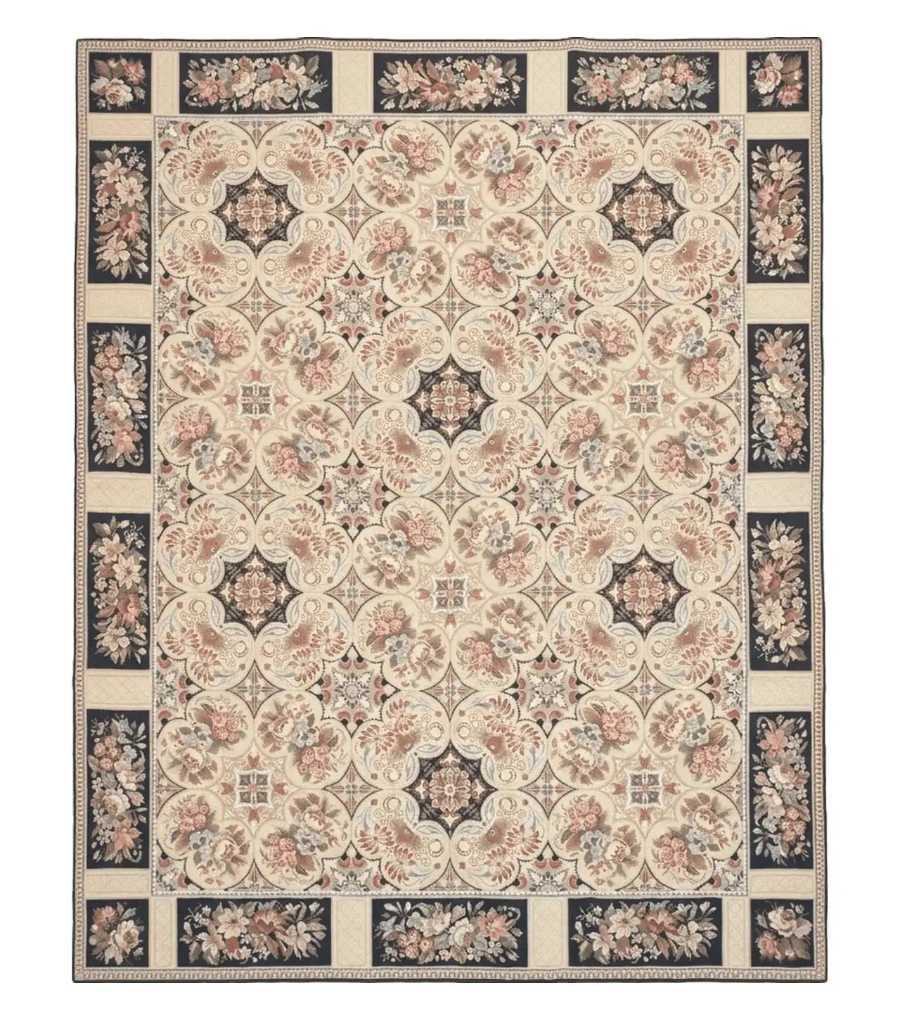 Needlepoint Rug 8x10ft Allover European Design Flowers 100% Wool Hand Knotted Aubusson Area Rug Brand New Flatweave Needle Point Carpet Chic by Jewel Rugs