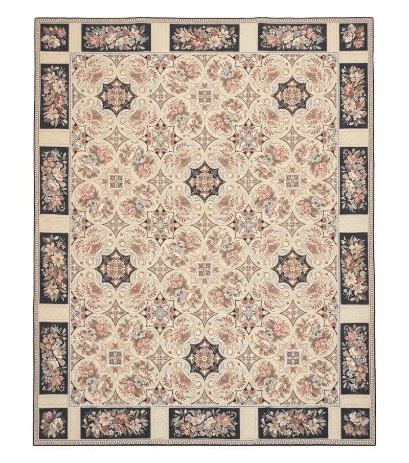 Needlepoint Rug 8x10ft Allover European Design Flowers 100% Wool Hand Knotted Aubusson Area Rug Brand New Flatweave Needle Point Carpet Chic by Jewel Rugs