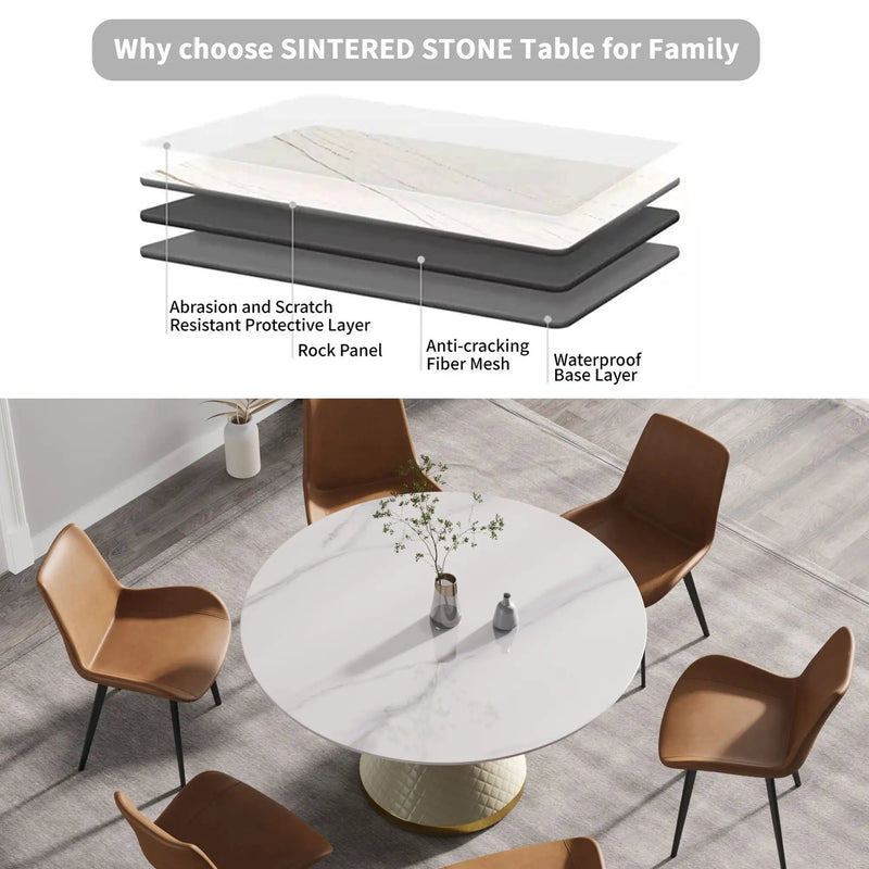 Modern Artificial Stone Round Carbon Steel Base Dining Table, Can Accommodate 6 People by Unique Piece Furniture