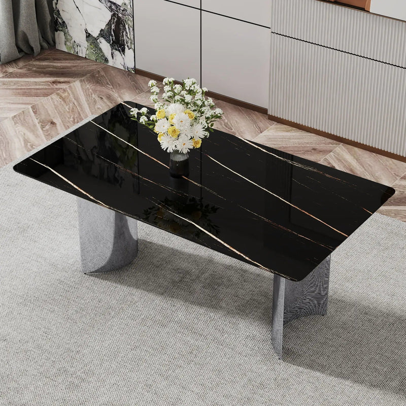 Modern Minimalist Dining Table with Imitation Marble Glass Top and Metal Legs by HouseOfZazla