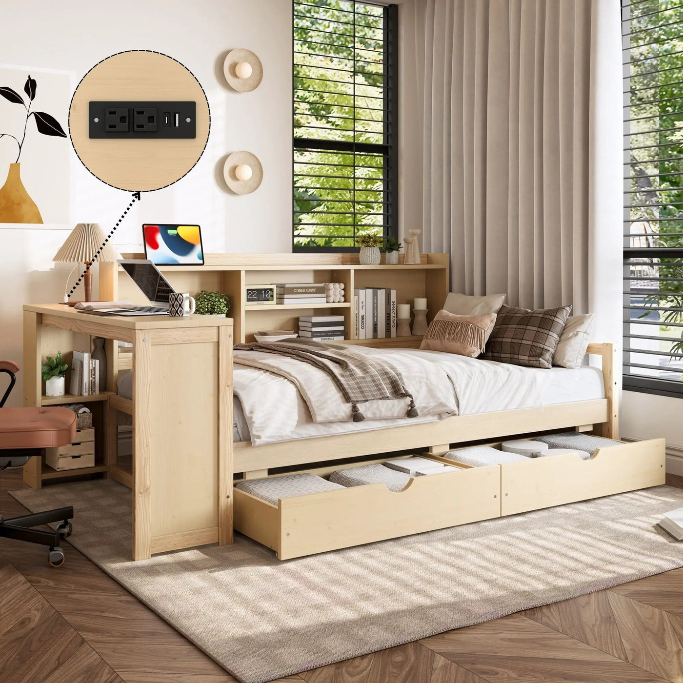 Corner Daybed With Storage Drawers, Desk, Charging Port & Bookcase by Unique Piece Furniture