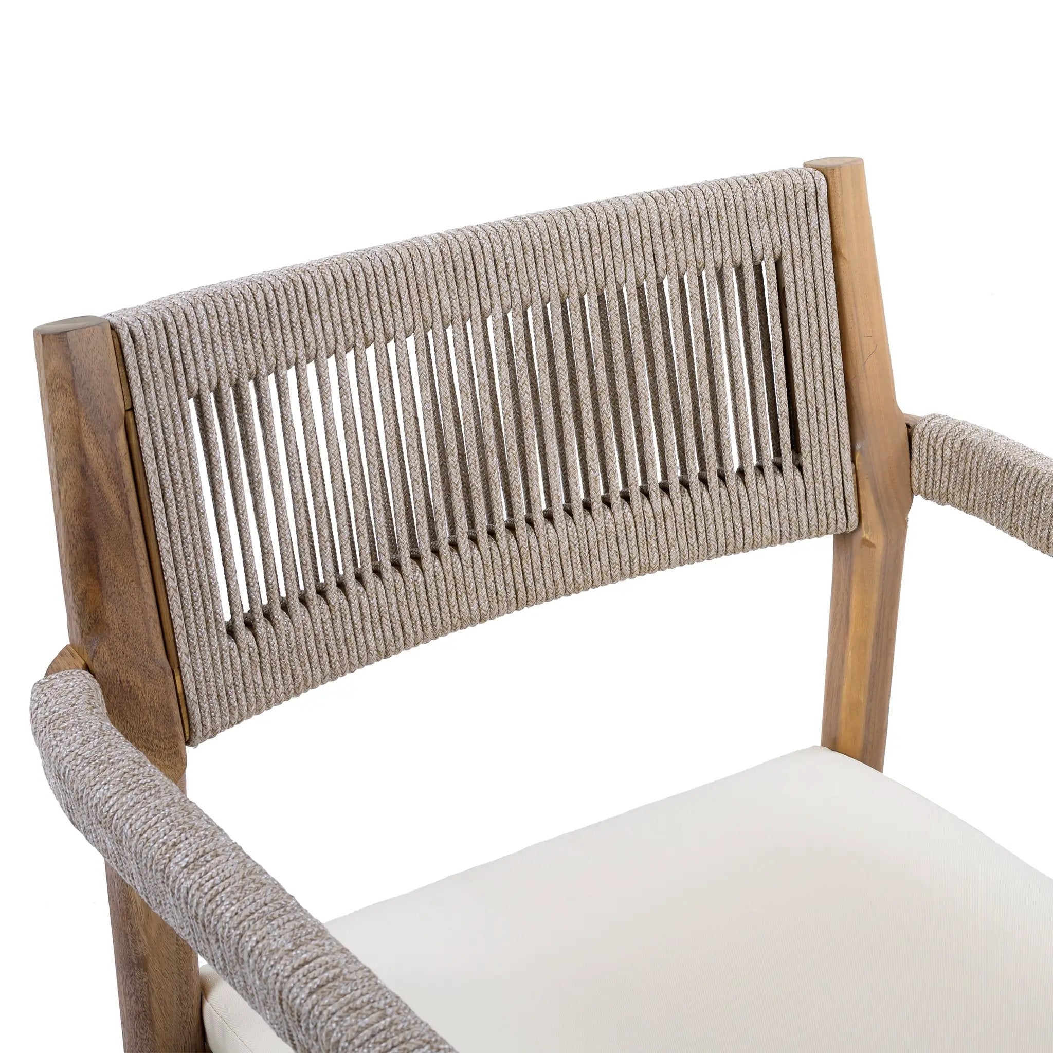 Braided Acacia Wood Outdoor Dining Chairs Set of 2 – Teak Look with Beige Rope & Cream Cushions by HouseOfZazla