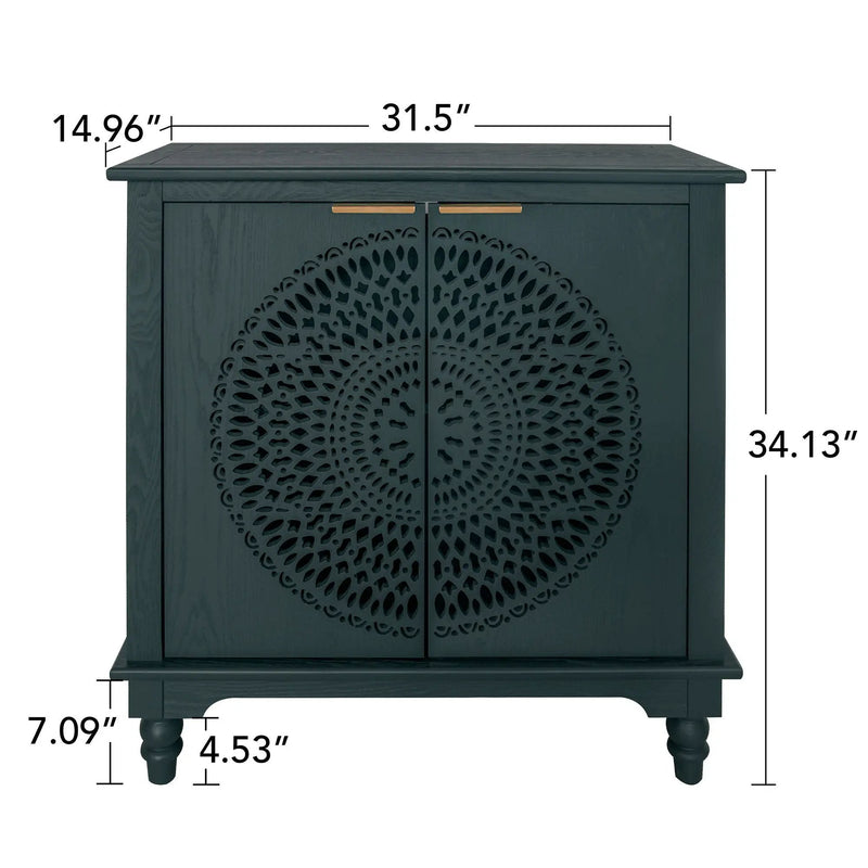 Hollow Carved 2 Door Accent Cabinet With Adjustable Shelf, Sideboard Buffet For Entryway, Living Room Or Bedroom - Blackish Green by Unique Piece Furniture