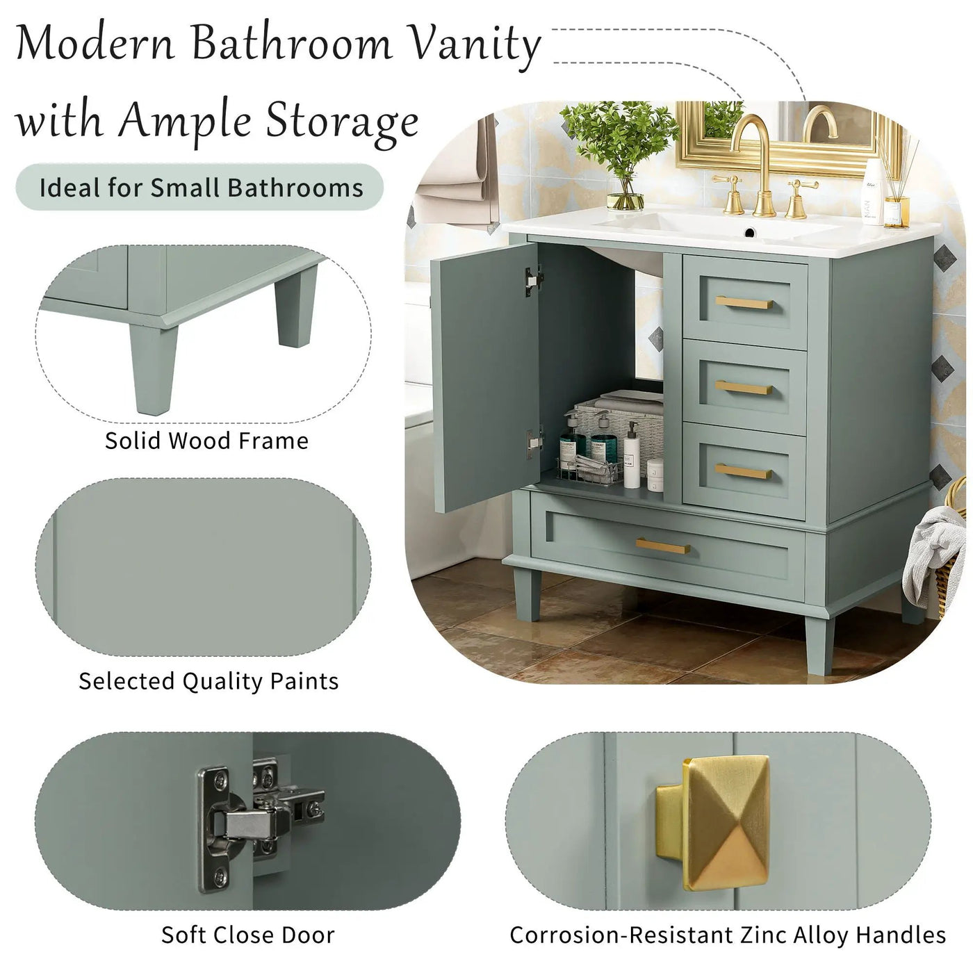 Bathroom Vanity, Modern Bathroom Cabinet With Sink Combo Set, Bathroom Storage Cabinet With A Soft Closing Door And 3 Drawers, Solid Wood Frame by Unique Piece Furniture