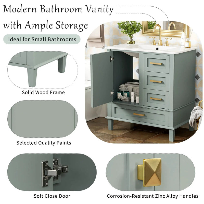 Bathroom Vanity, Modern Bathroom Cabinet With Sink Combo Set, Bathroom Storage Cabinet With A Soft Closing Door And 3 Drawers, Solid Wood Frame by Unique Piece Furniture