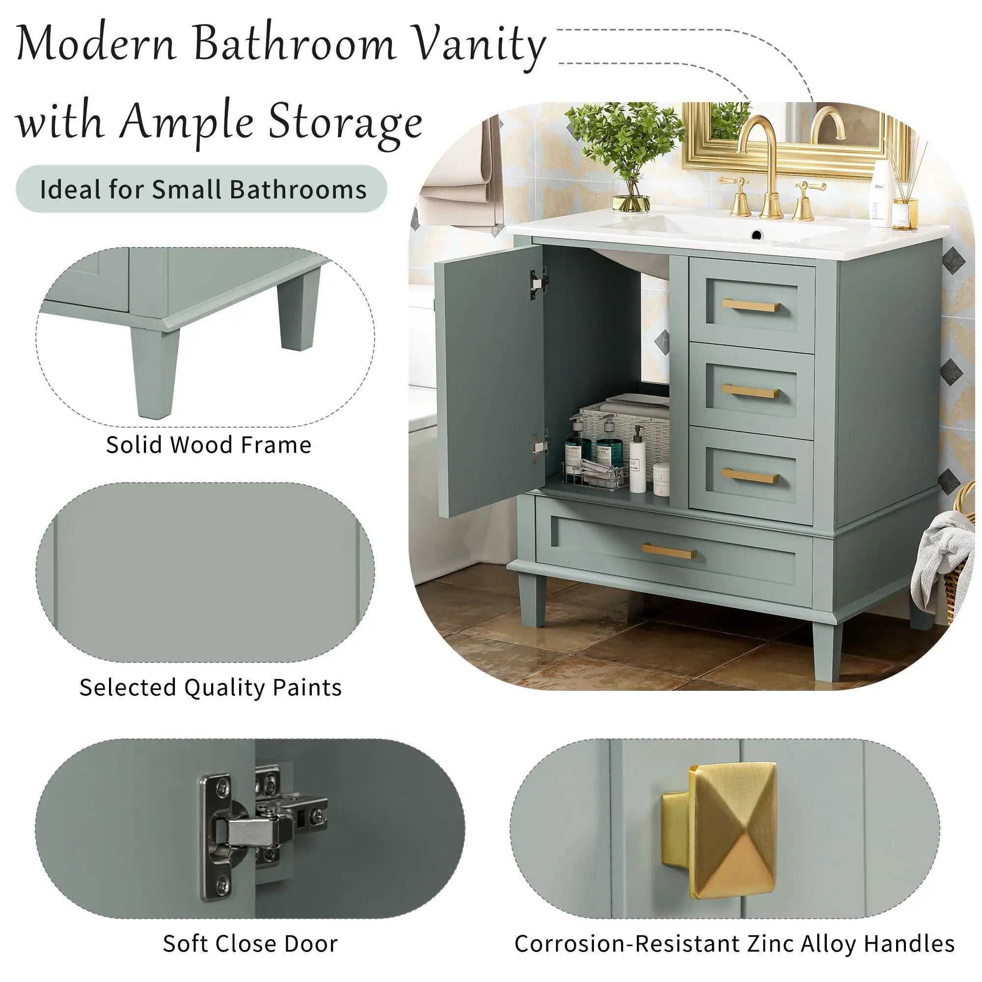 Bathroom Vanity, Modern Bathroom Cabinet With Sink Combo Set, Bathroom Storage Cabinet With A Soft Closing Door And 3 Drawers, Solid Wood Frame by HouseOfZazla