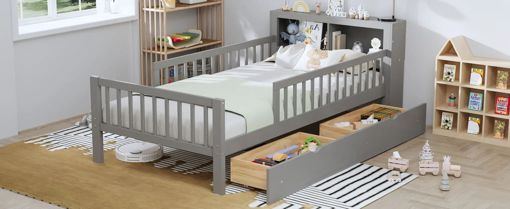 Bed With Headboard Storage Rack, 2 Under Bed Drawers, 3 Side Guardrails For Safety by HouseOfZazla