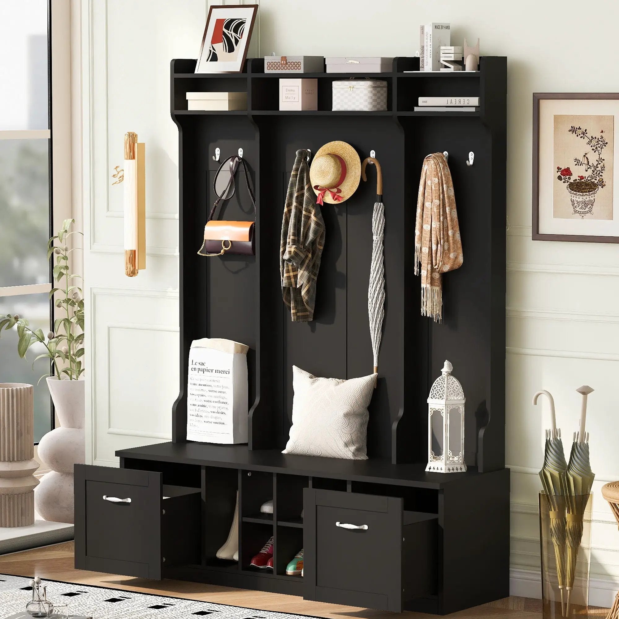 5 In 1 Entryway Bench With Coat Rack, 7 Sturdy Hooks, 2 Spacious Drawers And Adjustable Shelves by HouseOfZazla