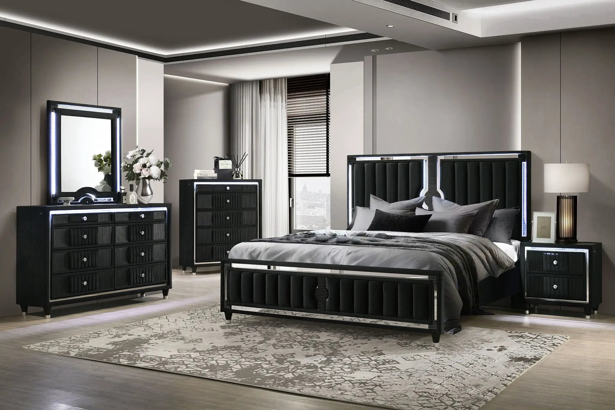 Ravenne 5-piece Velvet Upholstered Queen LED Bedroom Set Black by Unique Piece Furniture