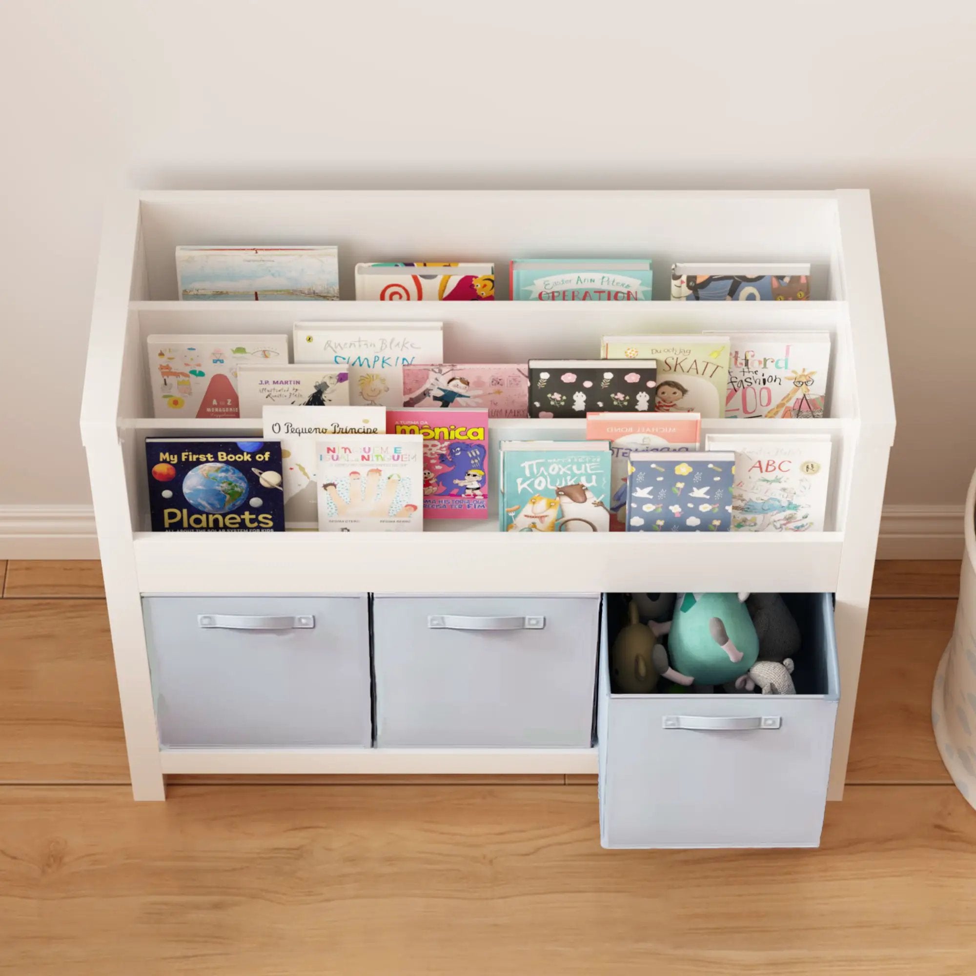 Bookshelf With 3 Tier Front Facing Storage And 3 Bins, Toddler Bookcase For Playroom - White by Unique Piece Furniture