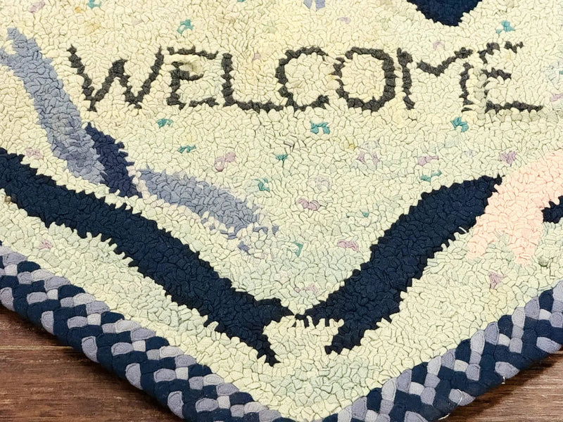 Small American Hooked Rug, Vintage Welcome Mat, Heart Shaped, Ivory and Blue by Jewel Rugs