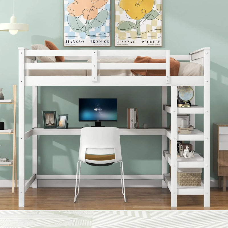 Loft Bed With Storage Shelves And Under Bed Desk