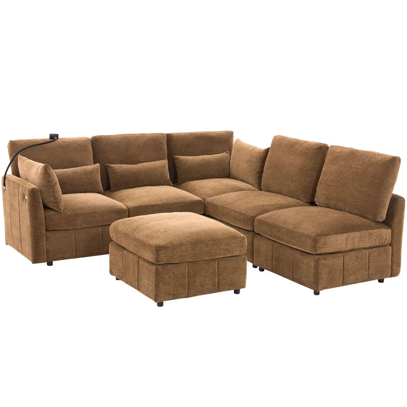 Modern Modular U-Shaped Sofa Bed With Movable Ottoman, USB Ports, Phone Holder