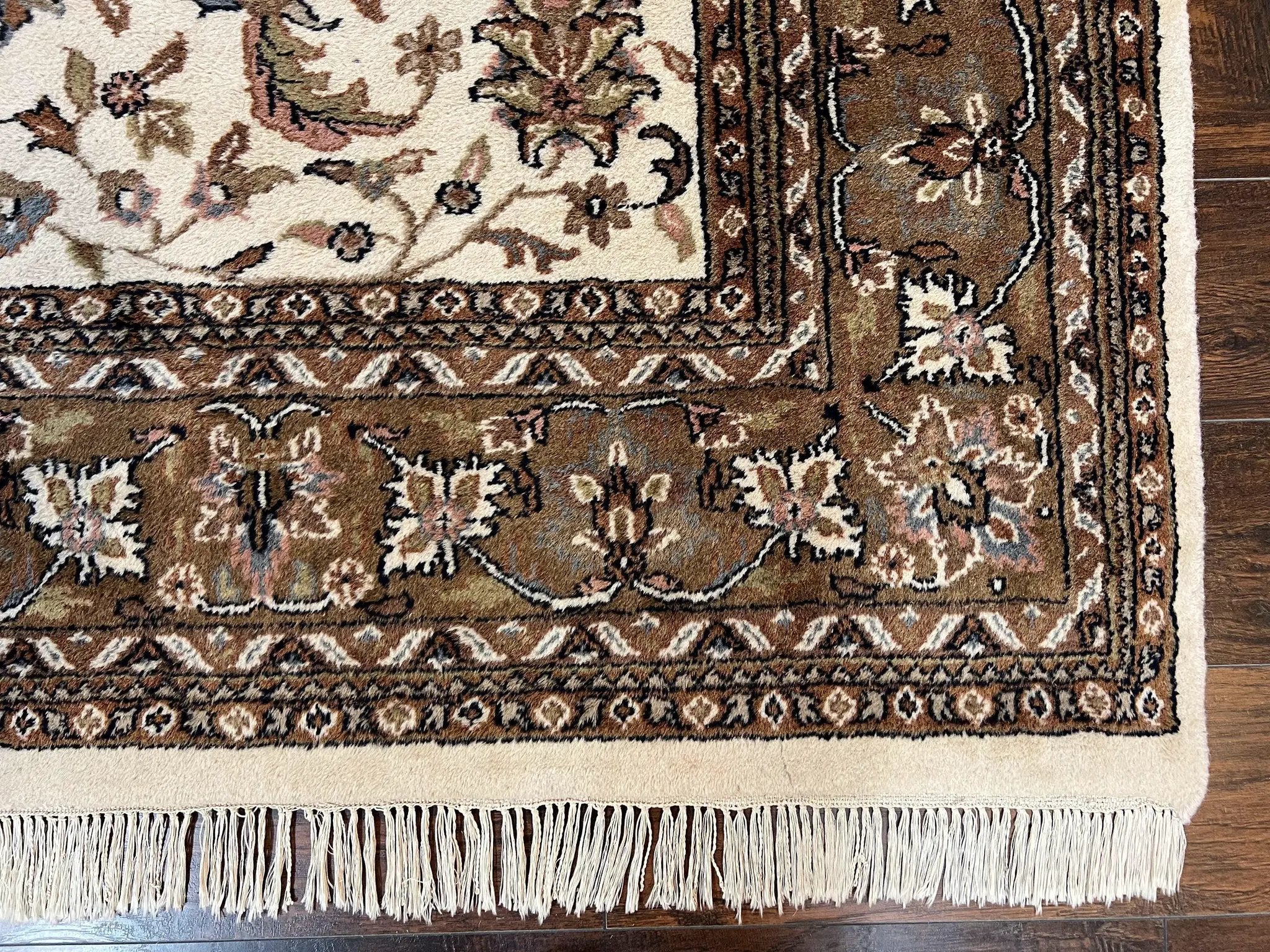 Indo Kirman Rug 8x12 Allover Floral Design, Ivory/Cream Brown, Vintage Handmade Hand Knotted Rug, Traditional Wool Persian Carpet 8 x 12 by Jewel Rugs