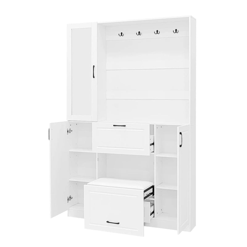 Entryway Bench With Integrated Shoe Cabinet, 3 In 1 Design And Mirrored Cabinet Door, Hall Tree With 4 Sturdy Hooks And Foldable Seat For Entrance, Living Room - White by HouseOfZazla