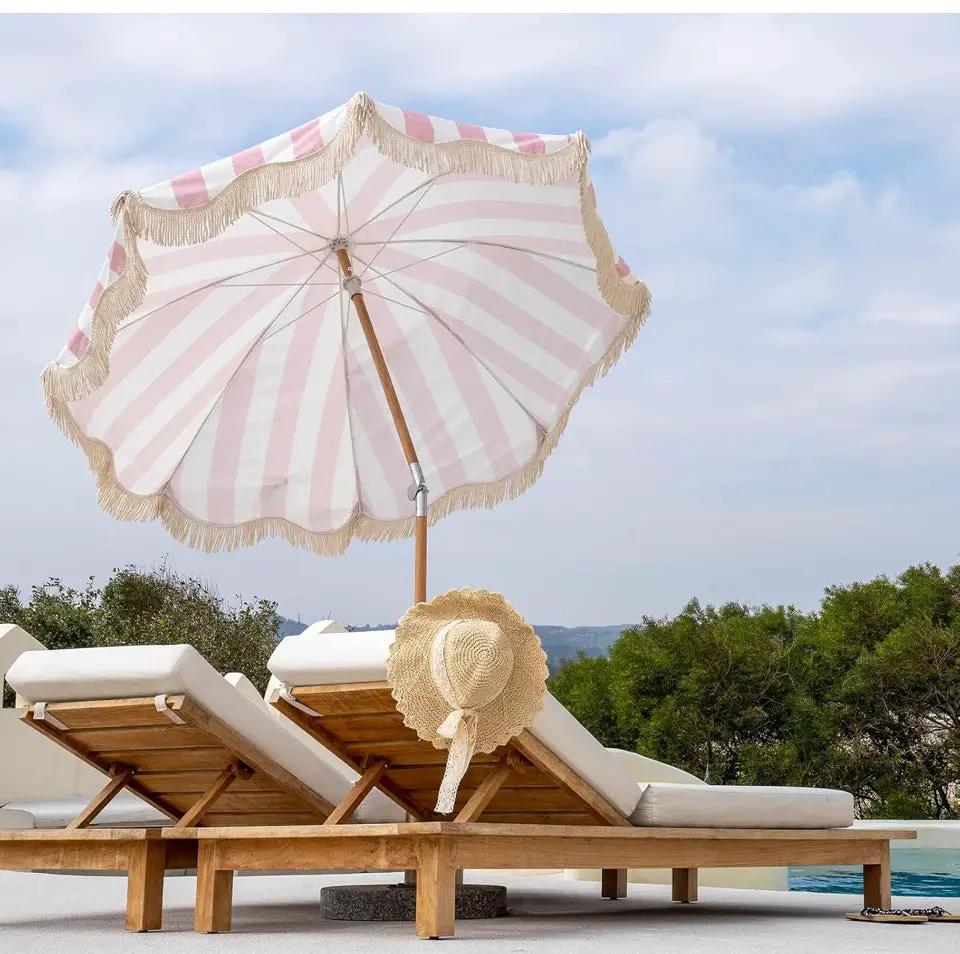 Open Box Funsite 6.5ft Boho Beach Umbrella with Fringe, UPF 50+ Tassel Umbrellas with Carry Bag, Premium Wood Pole Foldable Patio Umbrella for Outdoor by Selzalot