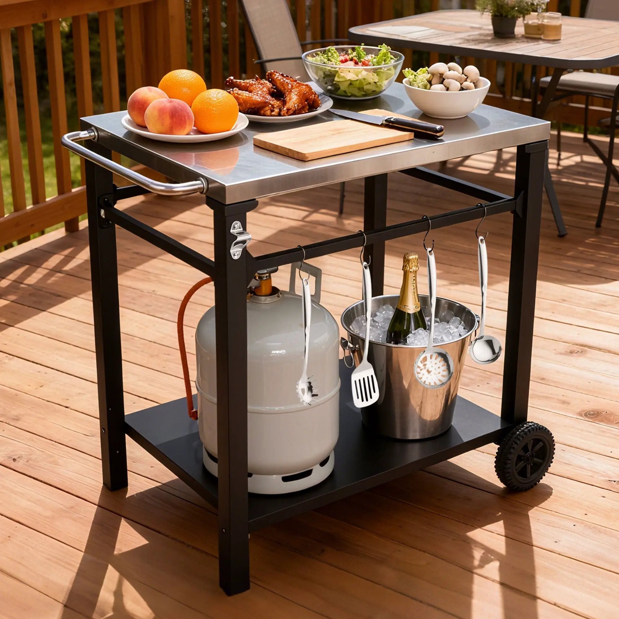 2-Tier Outdoor Grill Cart with Stainless Steel Top, Large Wheels & Tool Hooks by HouseOfZazla