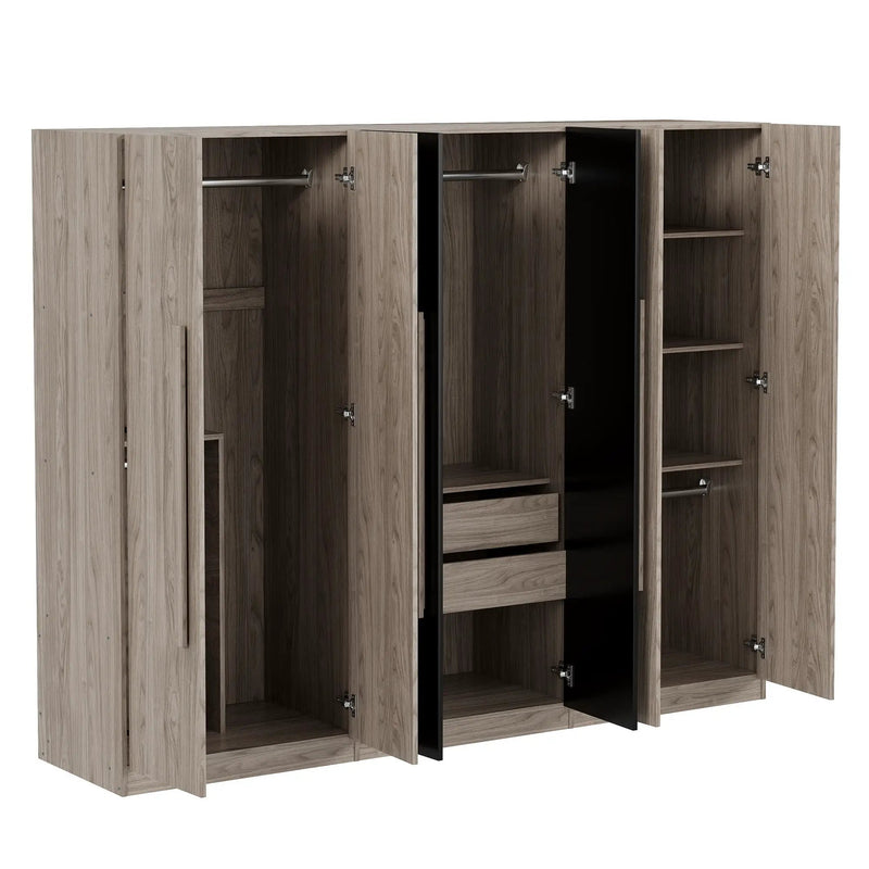 6 Doors Wardrobe Storage For Bedroom, With 2 Drawers Inside - Black / Nature by Unique Piece Furniture