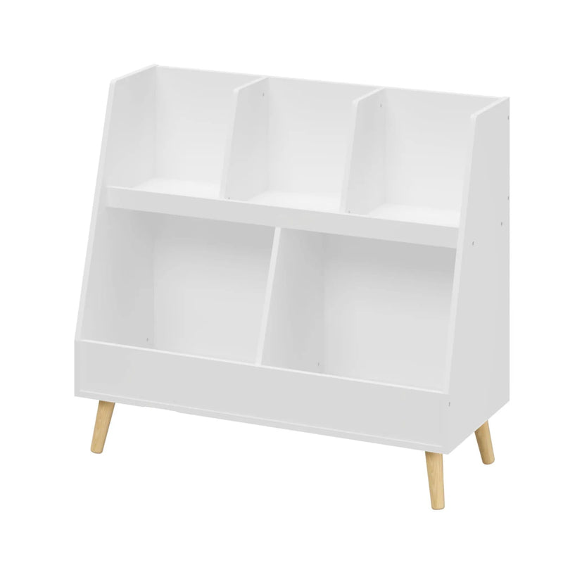 Kids Bookshelf And Toy Organizer, 5 Cubbies Wooden Open Bookcase, 2-Tier Baby Storage Display Organizer With Legs, Free Standing For Playing Room, Bedroom, Nursery, Classroom - White by Unique Piece Furniture