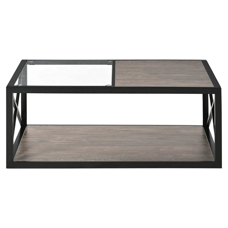 Industrial Style Coffee Table For Bedroom & Living Room With Tempered Glass & Wood Grain - Wood by Unique Piece Furniture