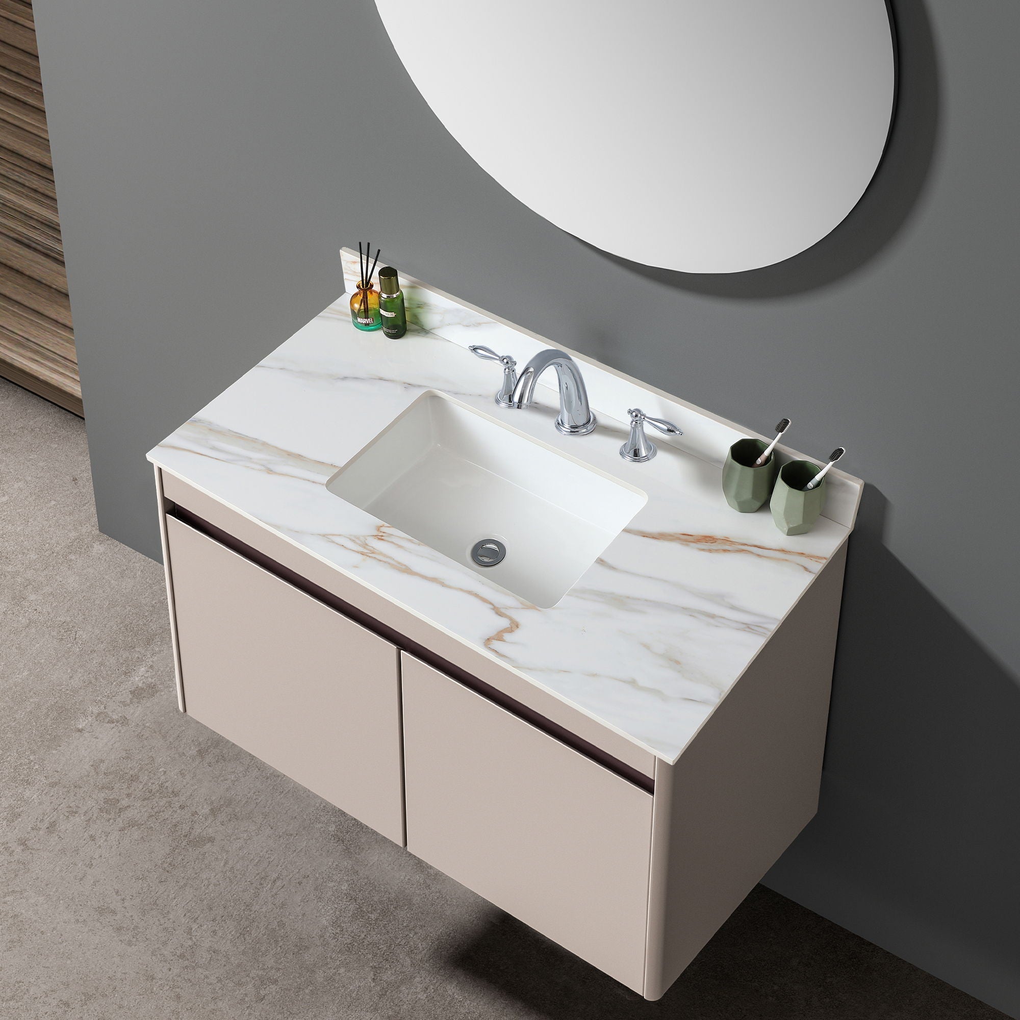 Vanity Top With Undermount Sink And Backsplash, Sintered Stone by HouseOfZazla