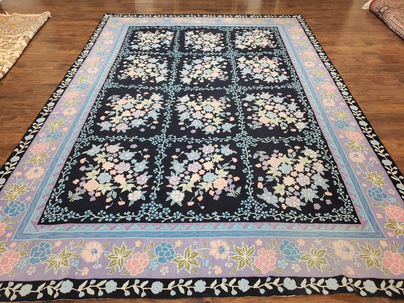 Chinese Needlepoint Rug 8 x 11.4, Hand-Woven Area Carpet, Flatweave Rug, Black Blue Light Violet Floral Garden European Design Wool Aubusson by Jewel Rugs