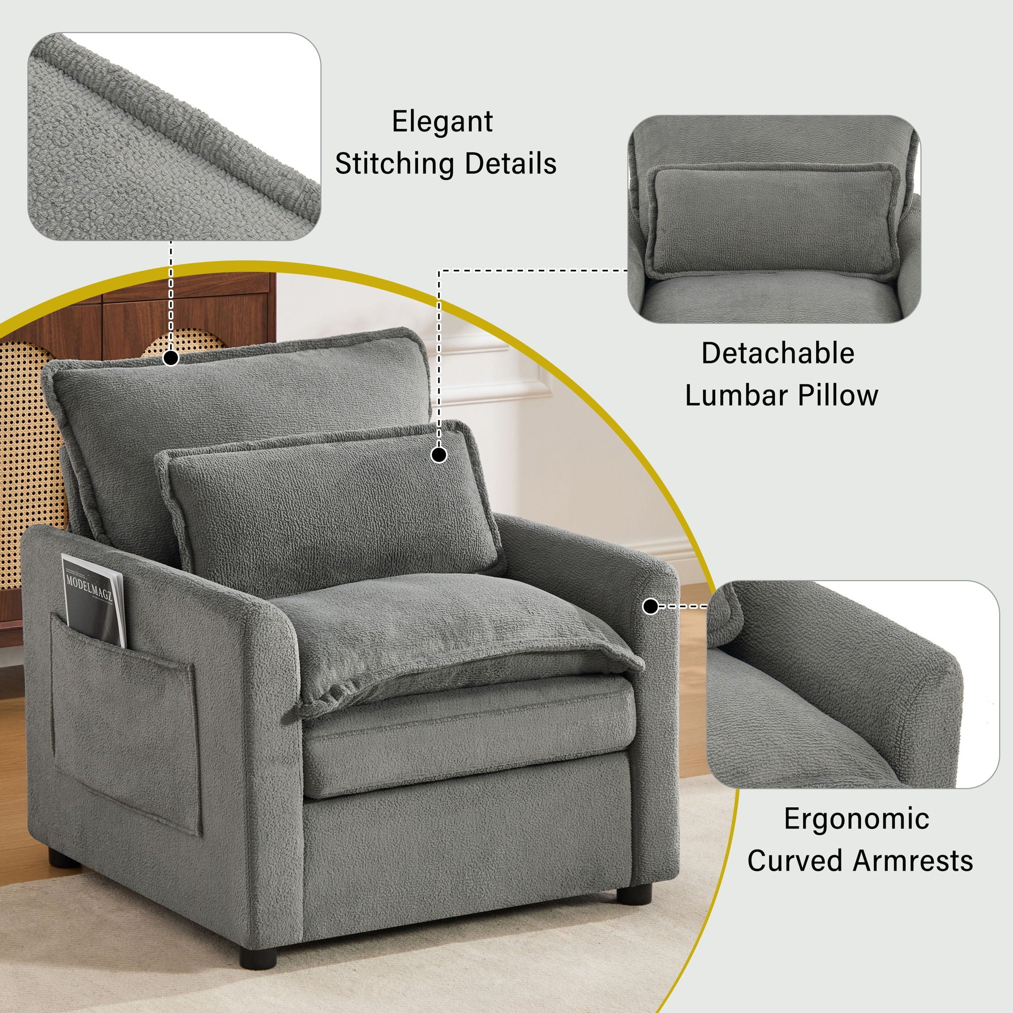Modern Single Seat Accent Chair With Side Storage Pockets by HouseOfZazla